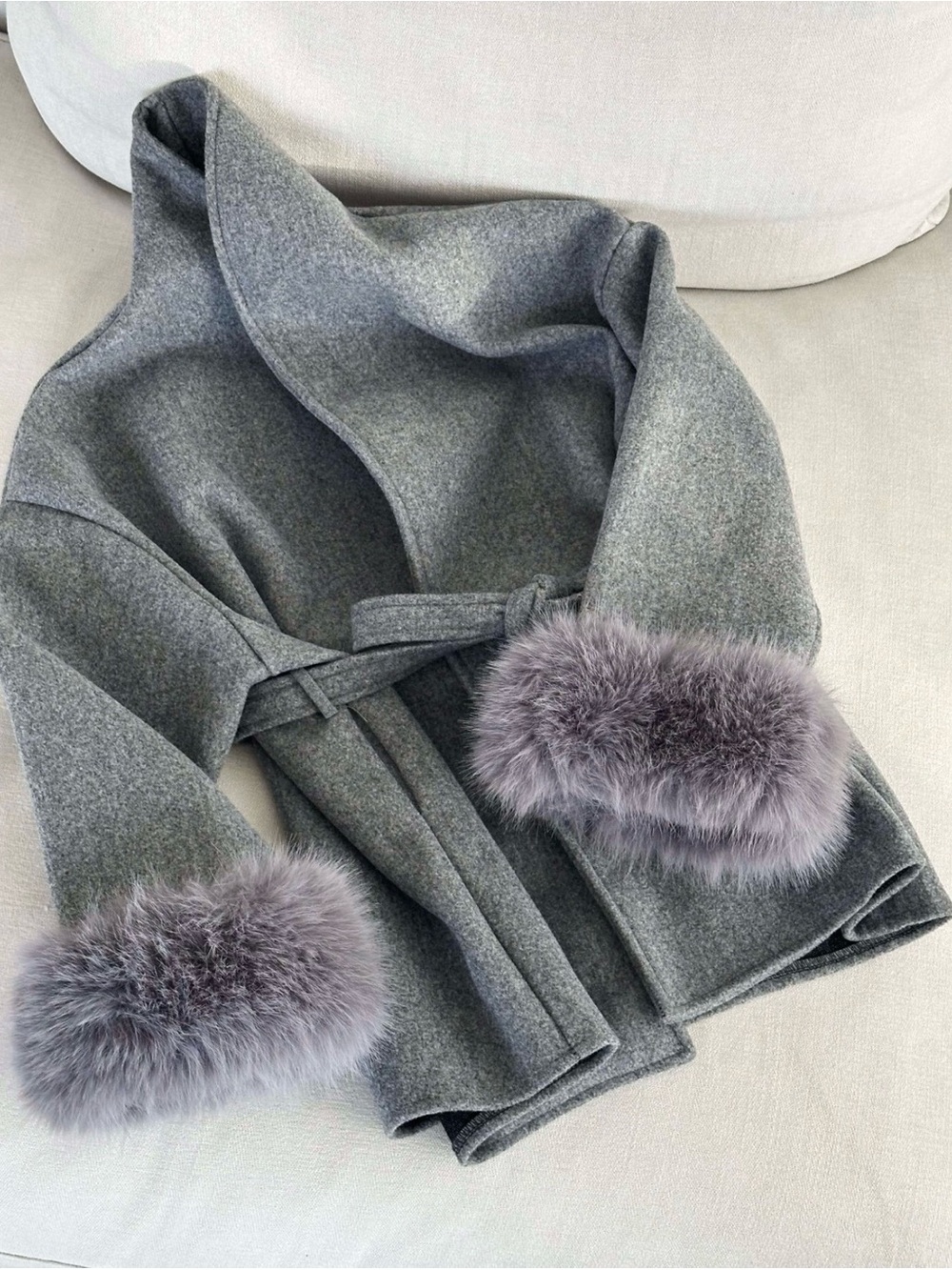 Wool Gray REAL -Fur Trim Wrap Coat with Belt ๐ค๐๐ - Picture 8 of 16